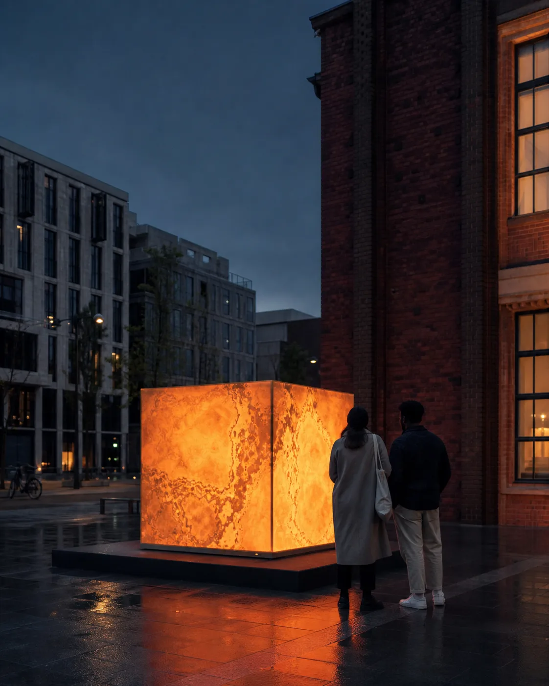 Zwei Menschen betrachten einen leuchtenden Qube in der Stadt